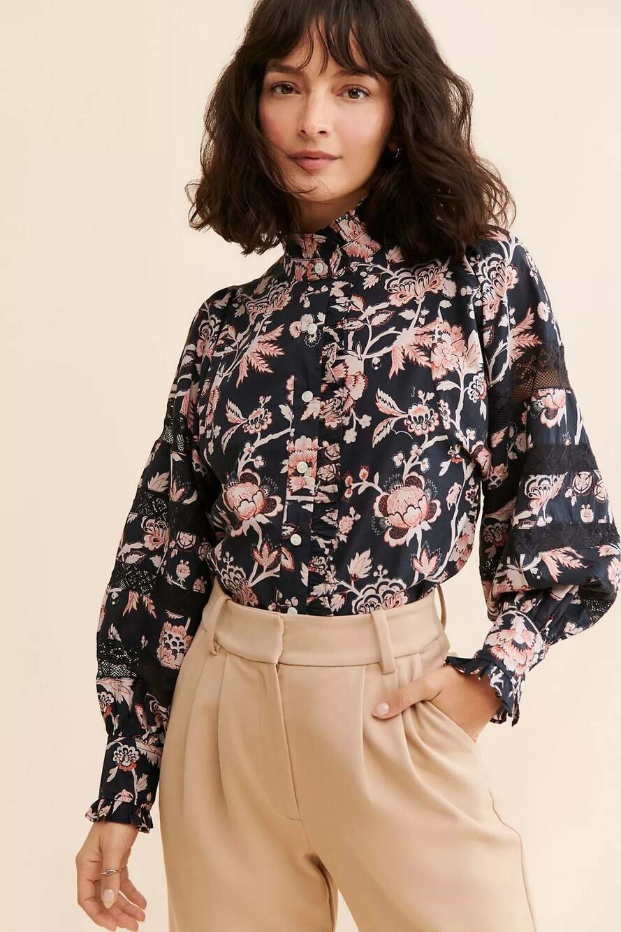 Love The Label Floral Cotton Button-Down Blouse with Lace Detail Large